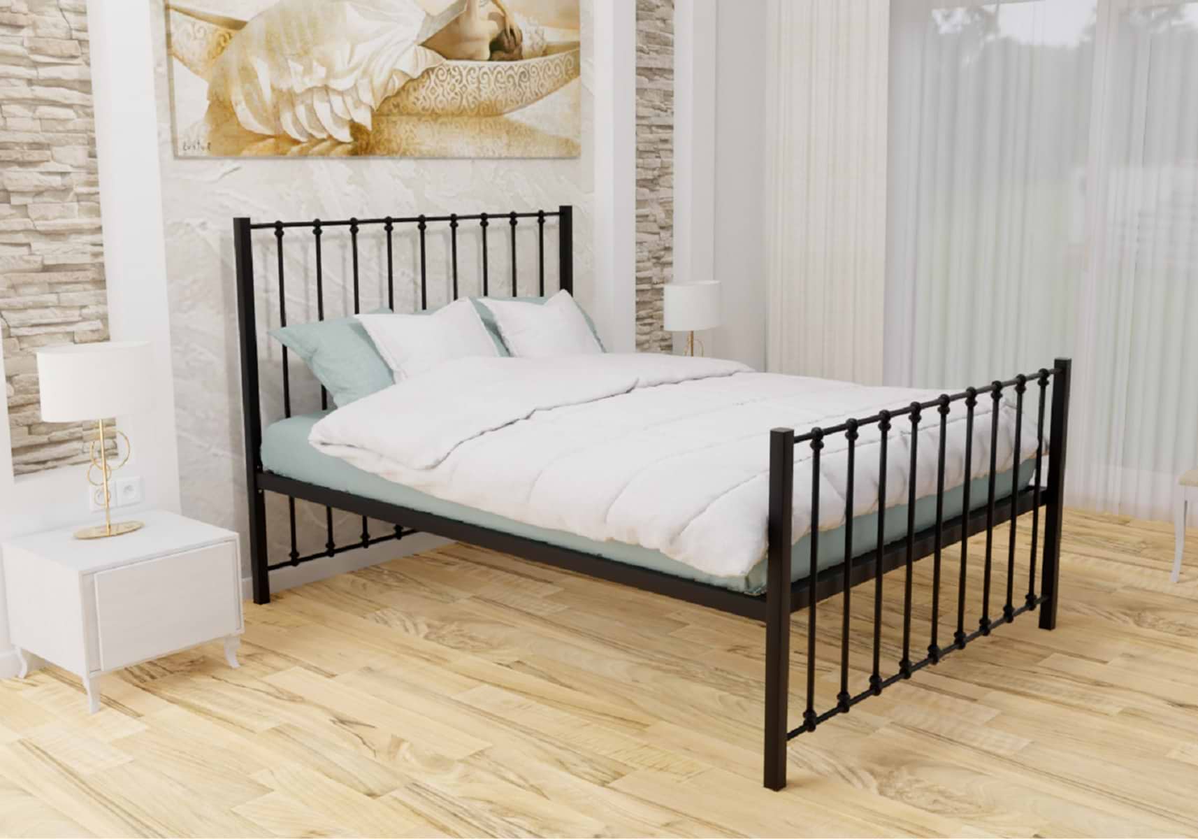 Black metal bed with white bedside table