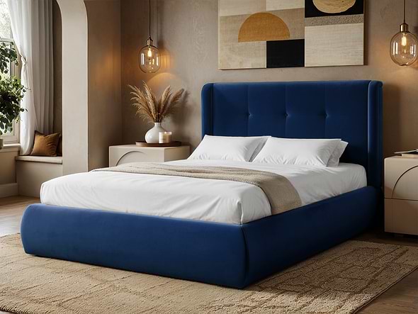 Solace+Co Monte Midnight Velvet Winged Button Headboard Ottoman Bed