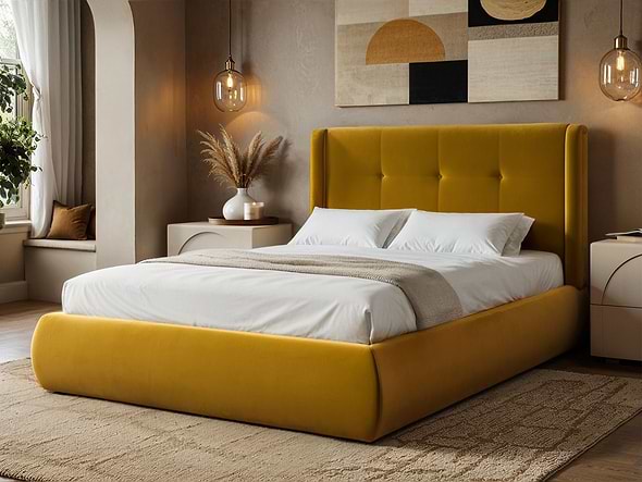 Solace+Co Monte Gold Velvet Winged Button Headboard Ottoman Bed