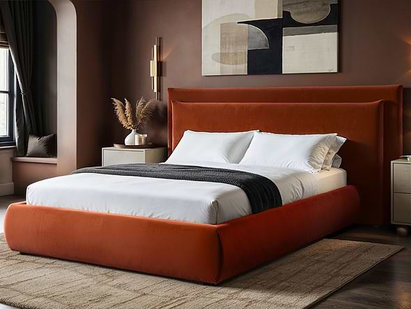 Solace+Co Sigrid Burnt Orange Velvet Cushion Headboard Ottoman Bed