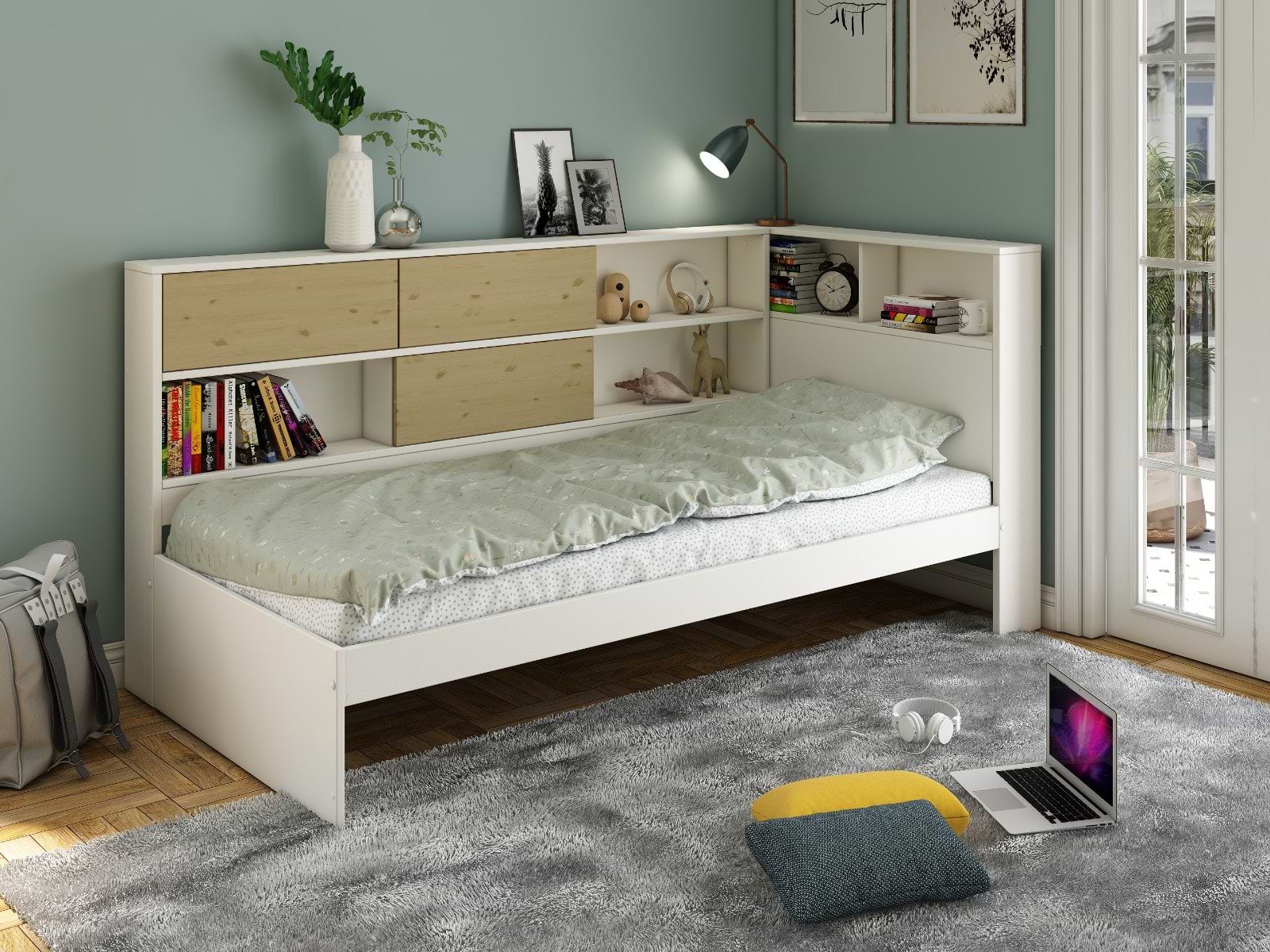 Noomi Jorgi Corner Storage Bed White And Oak FSC Certified