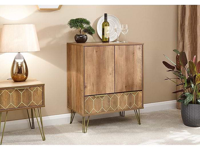 GFW Orleans Wine Cabinet retro-style double cupboard one drawer mango effect finish geometric pattern mid century hairpin legs