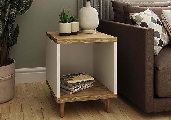 GFW Presto Lamp Table Modern design white and oak effect finish tapered wooden legs open storage shelf