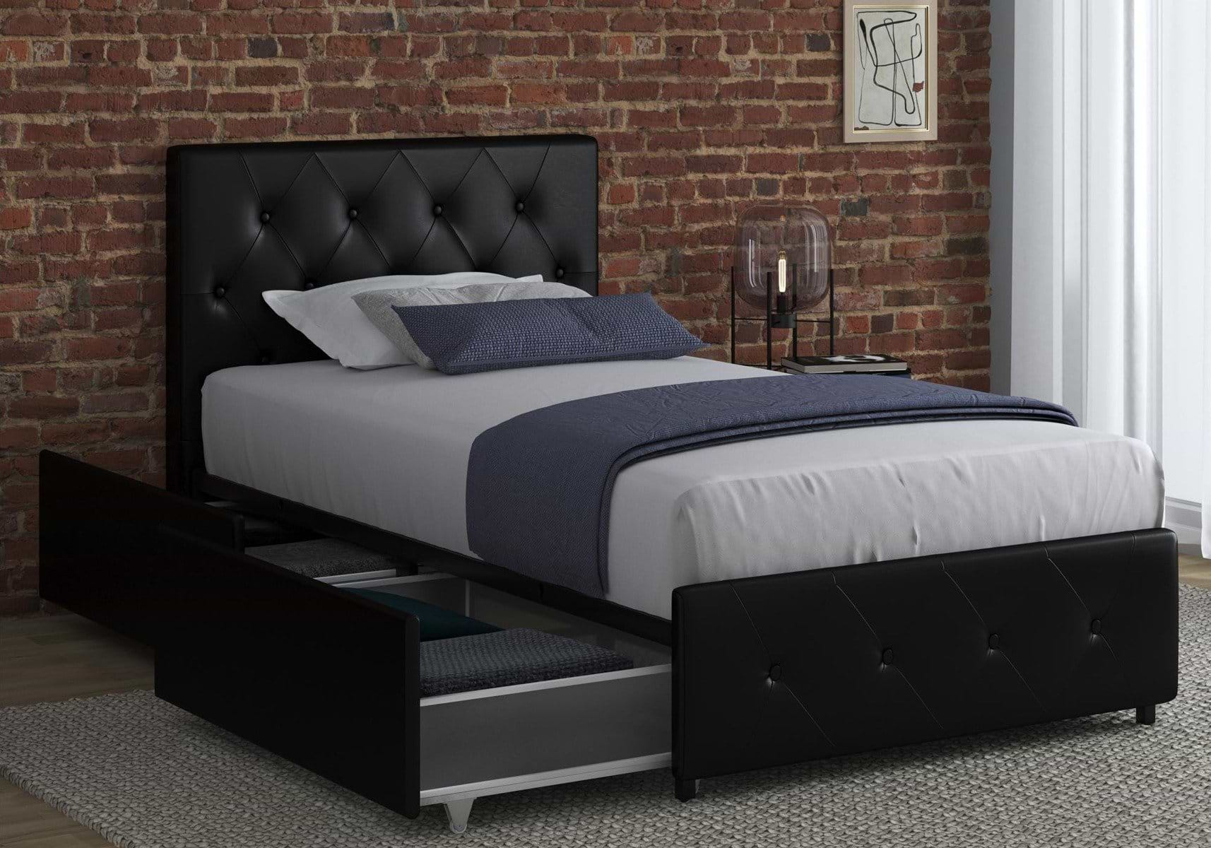 Black single storage bed with white and blue bedsheets