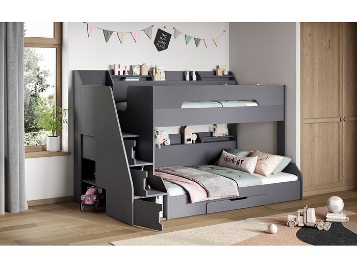 Flair Slick Staircase Triple Bunk Bed Grey With Shelves
