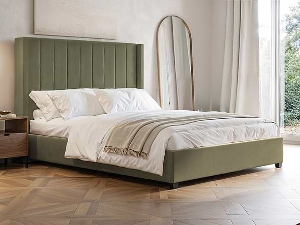 Flair Tiggy Khaki Velvet Ottoman Bed with Winged Headboard