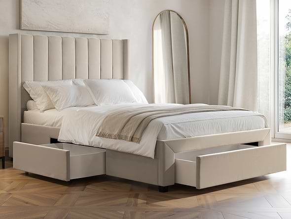 Flair Tiggy Storage Bed with Winged Headboard Beige Velvet