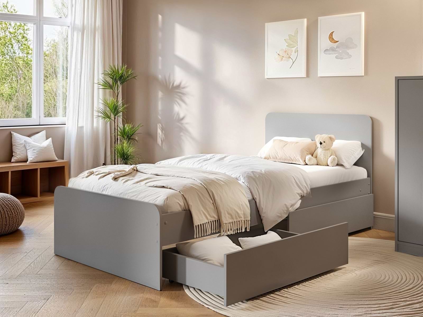ベッドフレーム Single bed with Hard mattress Upholstered Single Bed Frame with Wooden Slats - Grey