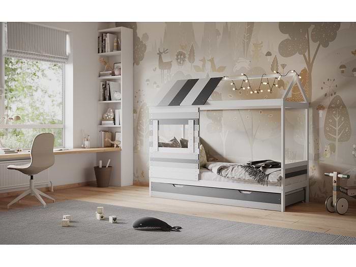 White and Grey Woodland House Bed With Trundle
