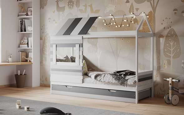 White and Grey Woodland House Bed With Trundle
