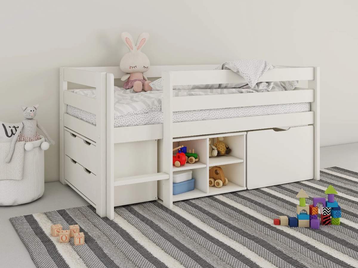 Grey double bed with storage drawers underneath at foot of bed