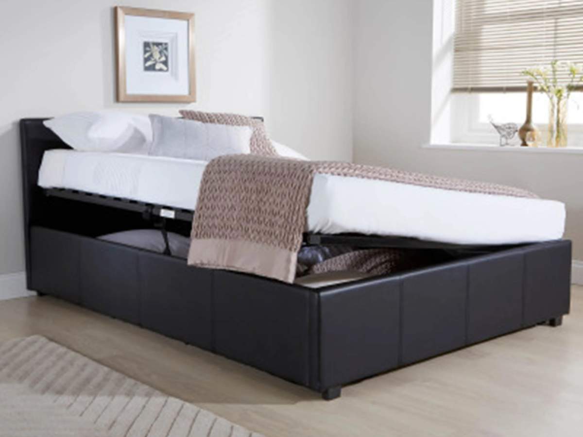 Double ottoman bed opening from the side to reveal storage area underneath mattress