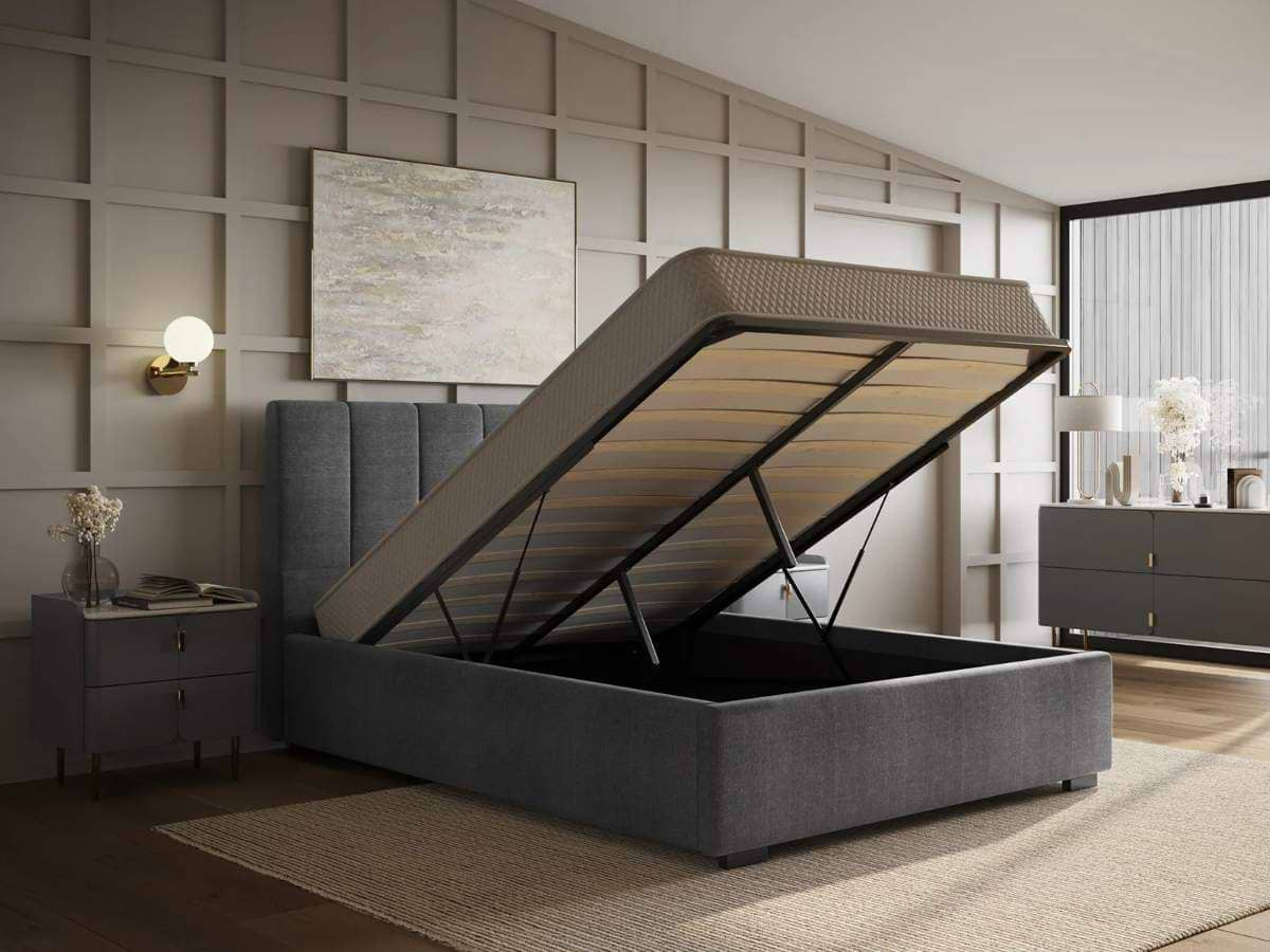 Ottoman bed with mattress raised to reveal storage area underneath