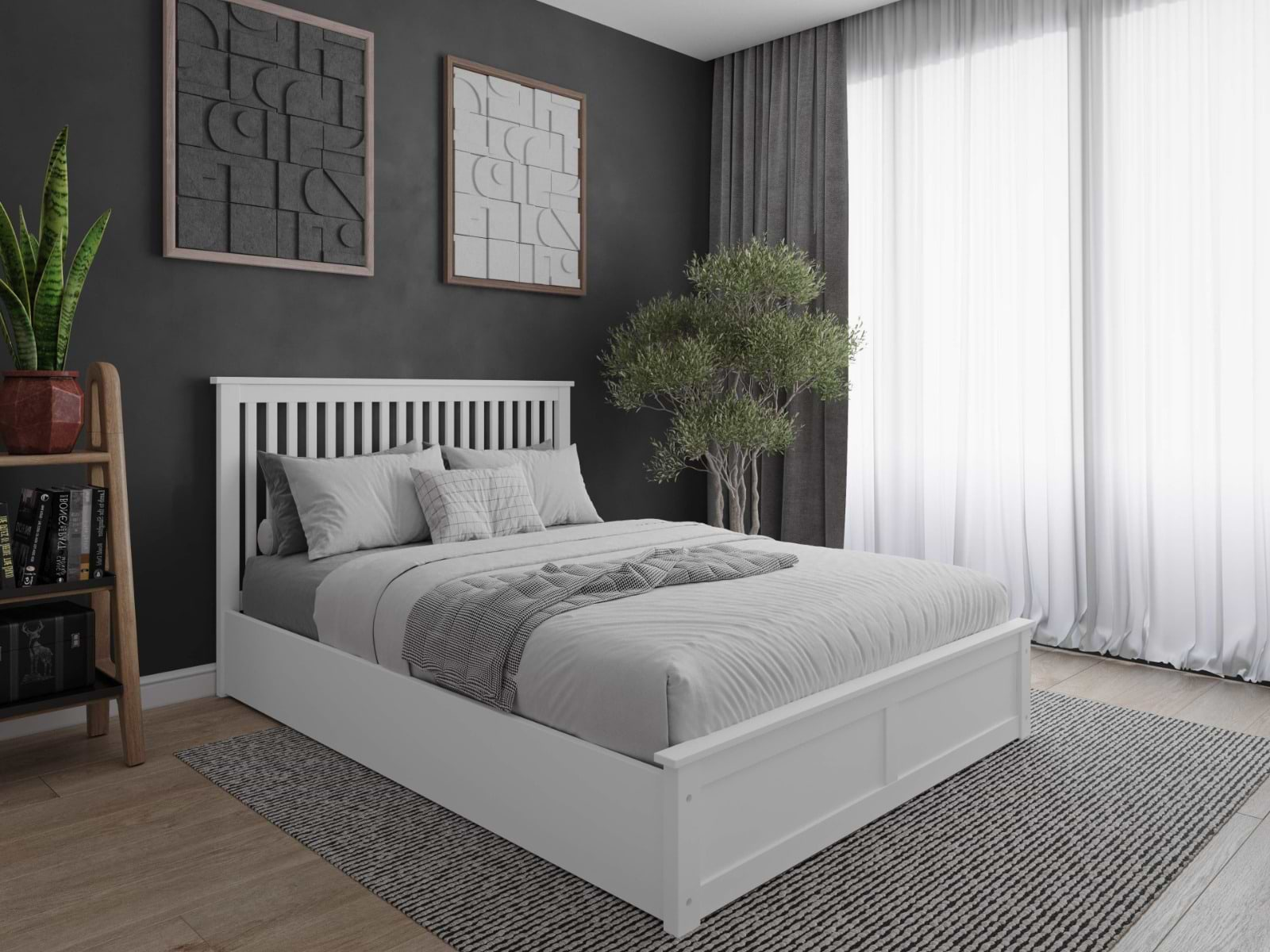 White wood single bed with storage