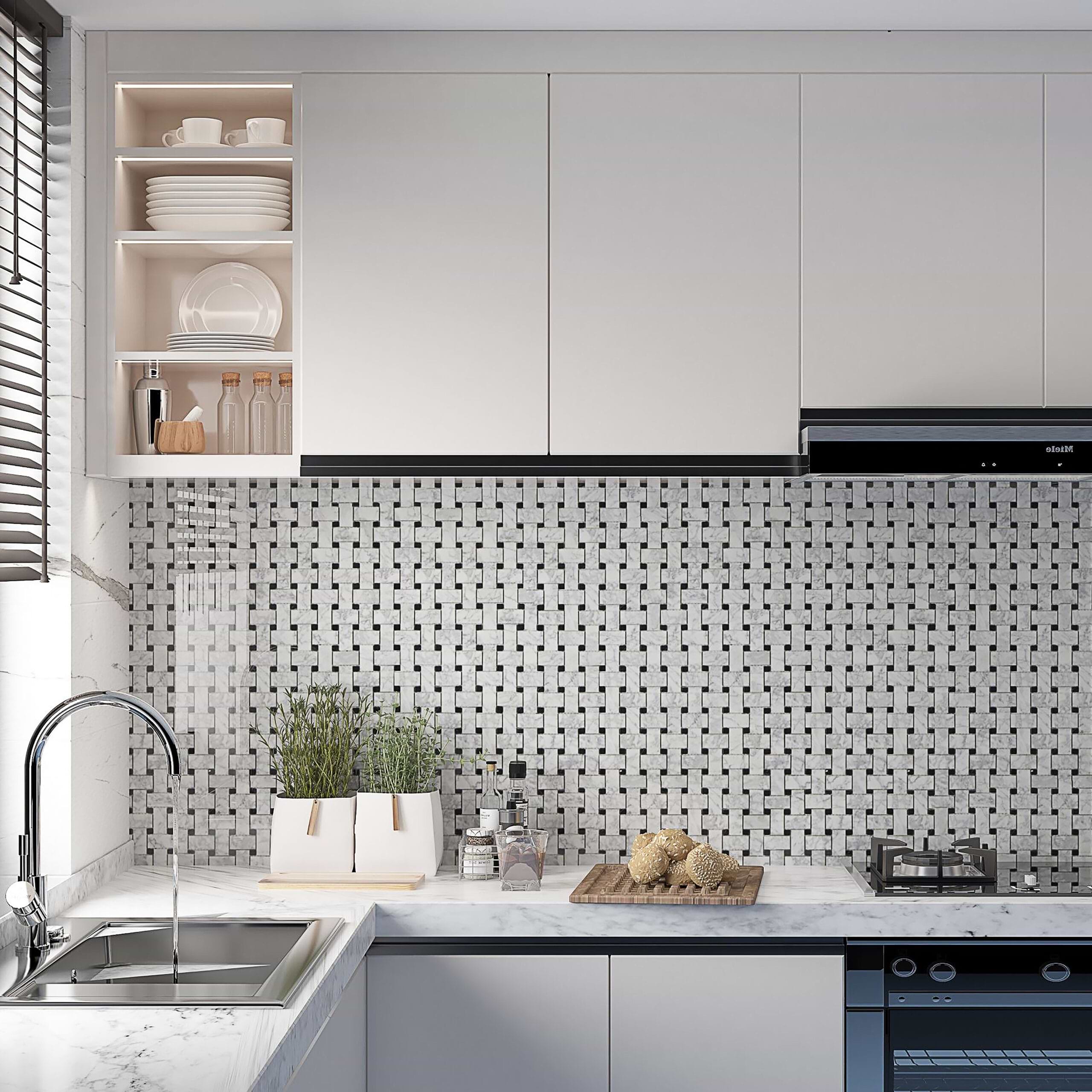 Carrara Mosaic with Negro Marquina Basketweave Honed Marble