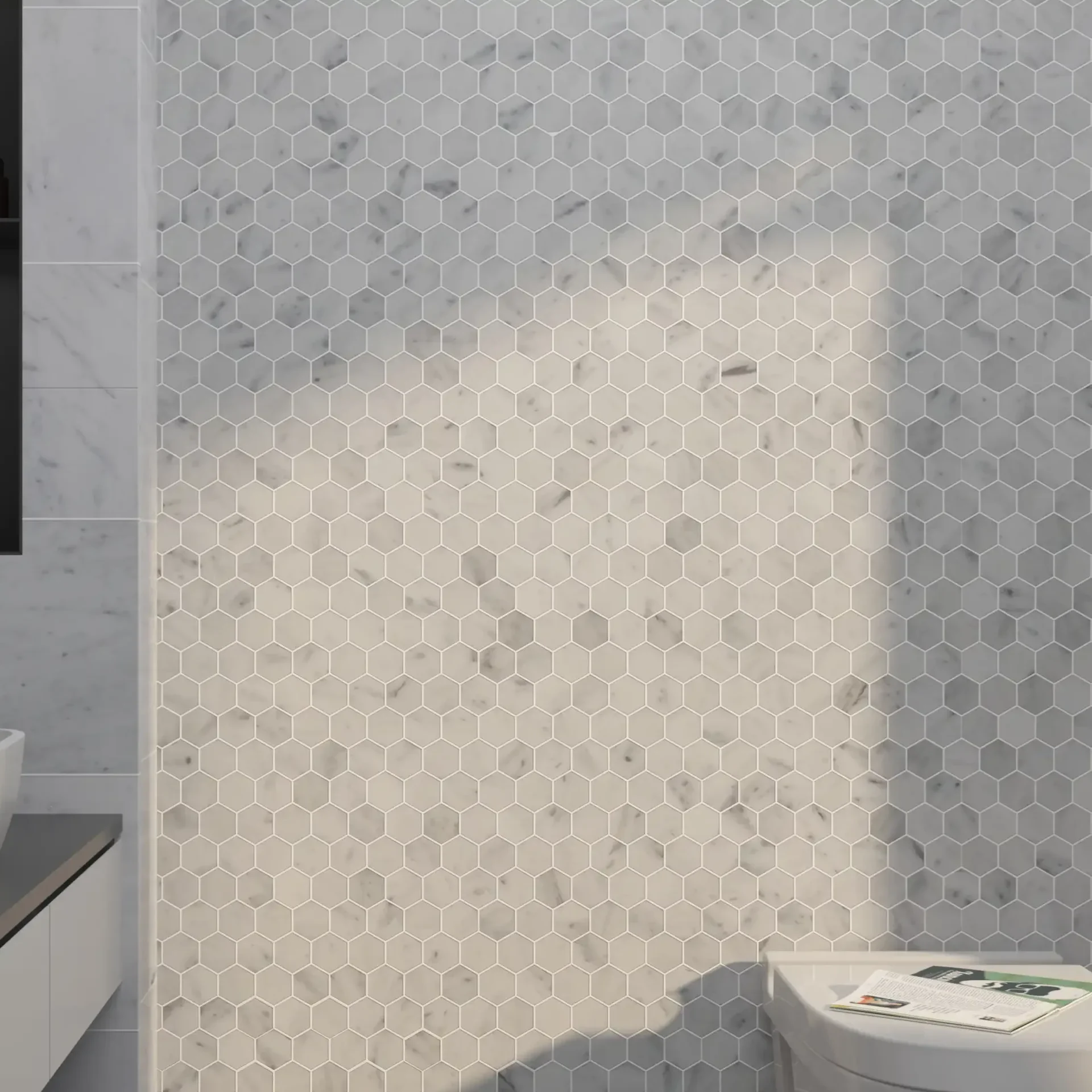 Carrara Marble Mosaic Tile, 2x2, Hexagon Pattern, Honed Finish, Italian Marble, Light Grey, Bathroom Wall \u0026 Floor, Shower Backsplash, image size:1920x1920