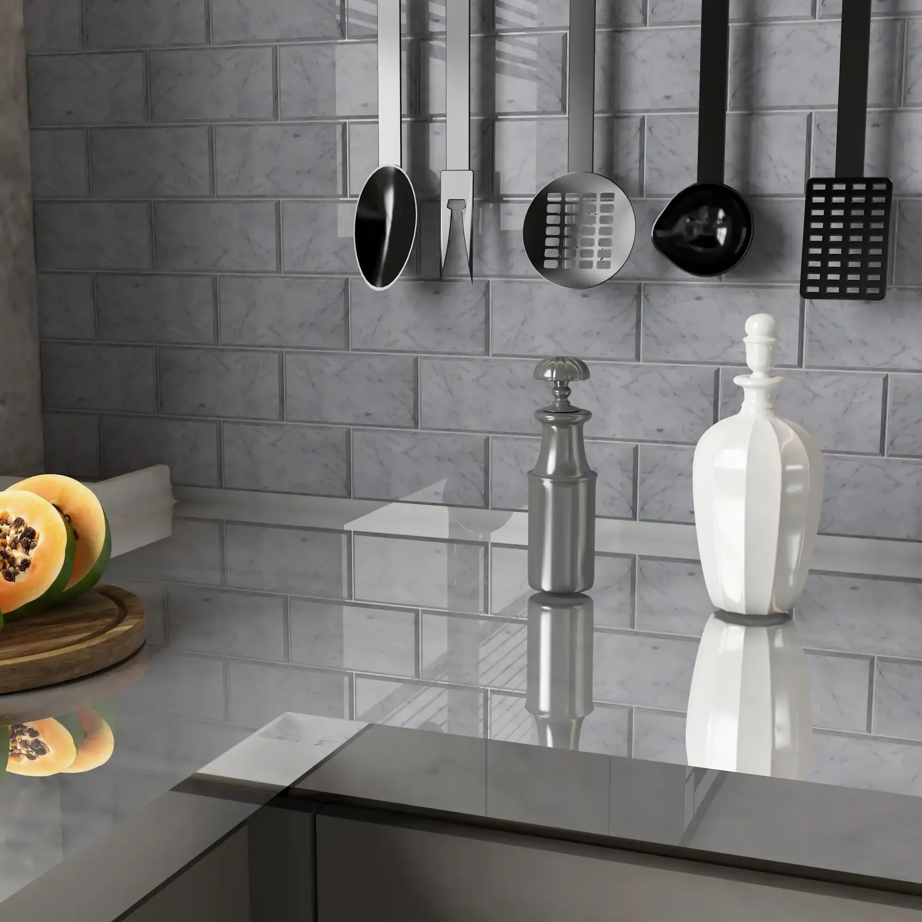 Kitchen with backsplash using Bianco Carrara Offset Marble Mosaics