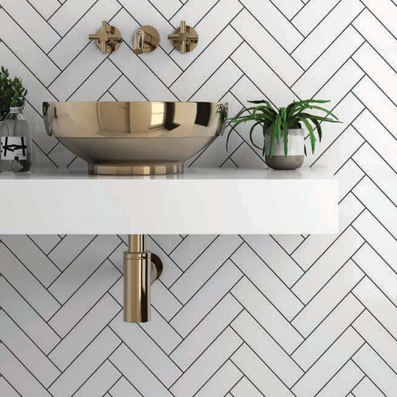 White Herringbone 2x8 Glossy Porcelain Mosaic | iTileMosaic