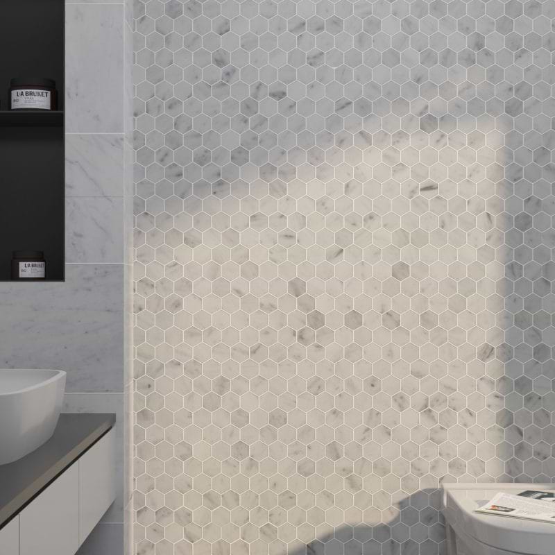 Carrara Mosaic Hexagon 2x2 Honed Marble Room Finish