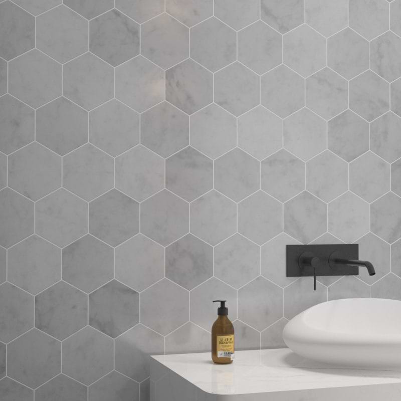 Carrara Mosaic Hexagon 5x5 Honed Marble Room Finish