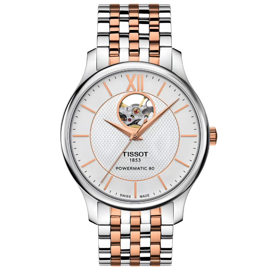 שעון יד גבר טיסוט – Tradition Powermatic 80 Open Heart Tissot T0639072203801