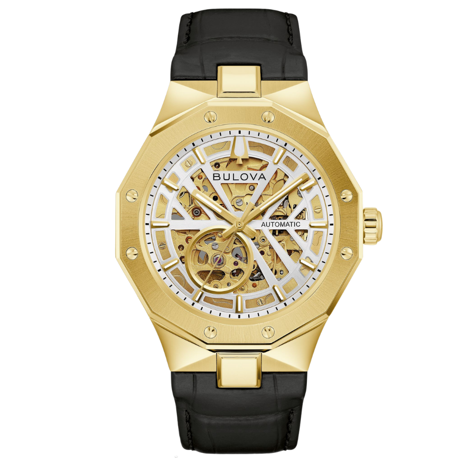 שעון בולובה לגבר Bulova Prestige אוטומטי סקלטון מוזהב 97A206