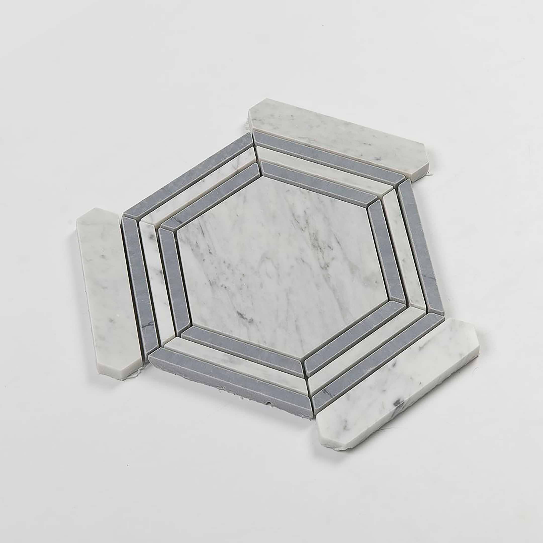 Carrara Mosaic with Bardiglio Grey Hexagon 5x5 Honed Marble - Image 4