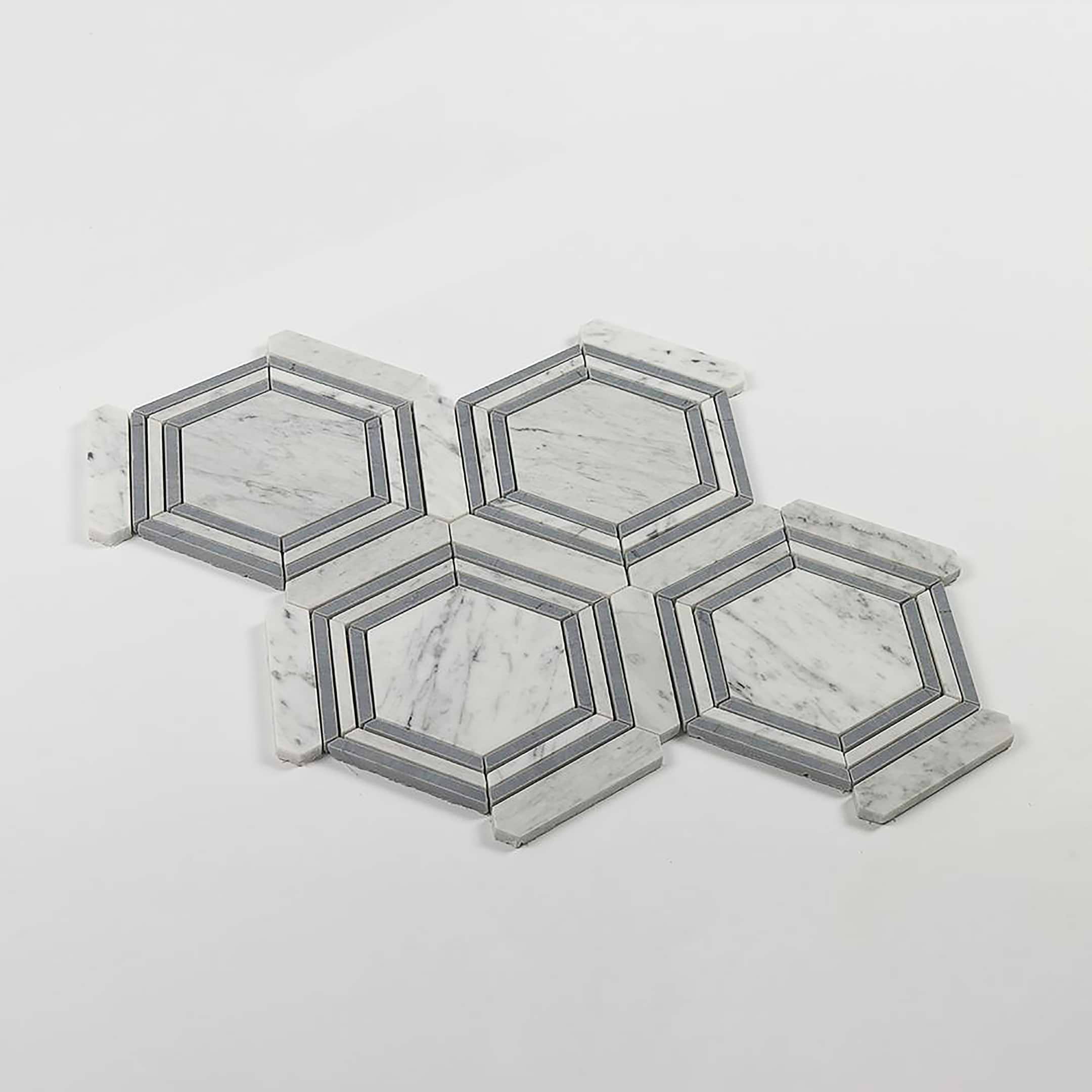 Carrara Mosaic with Bardiglio Grey Hexagon 5x5 Honed Marble - Image 2
