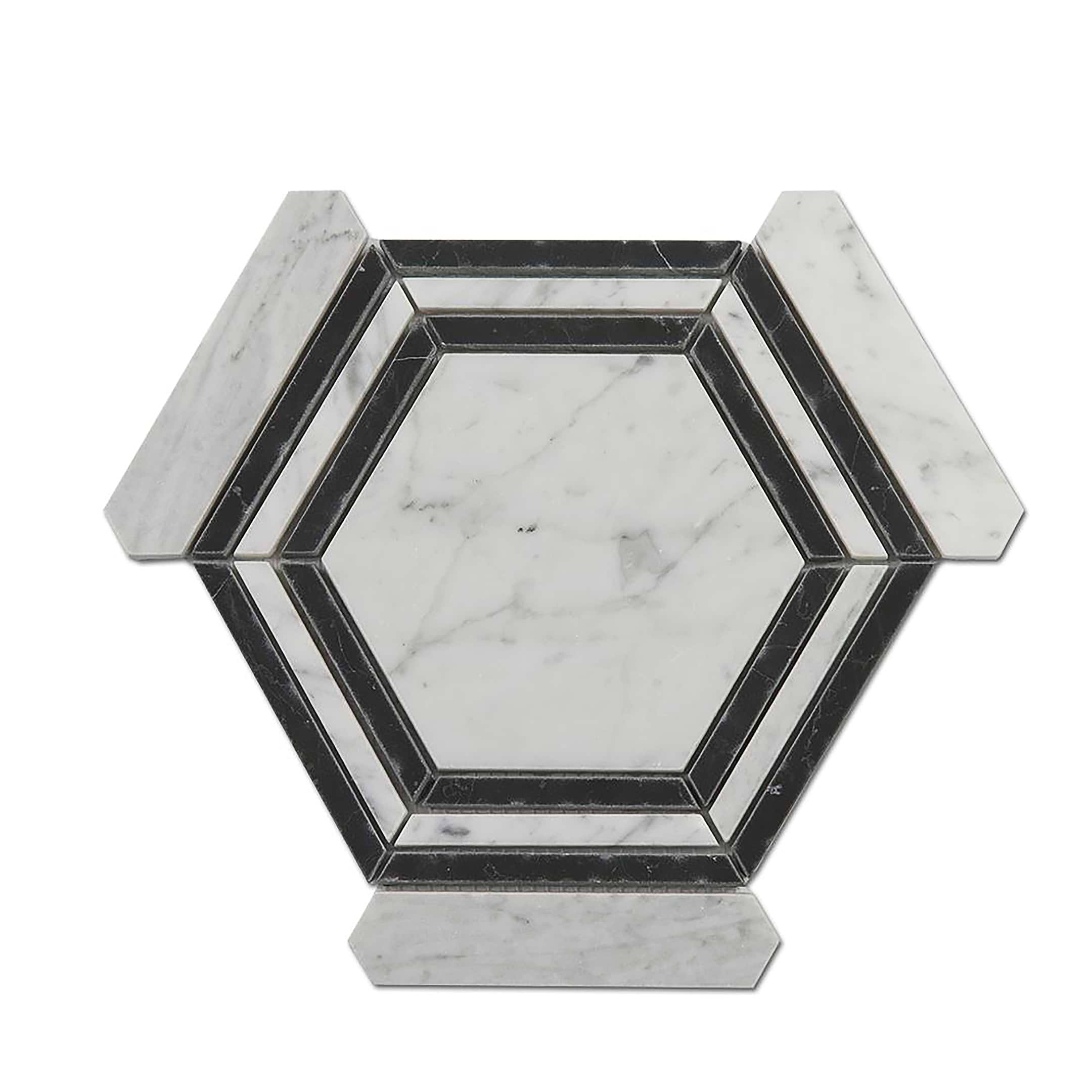 Carrara Mosaic with Negro Marquina Hexagon 5x5 Honed Marble