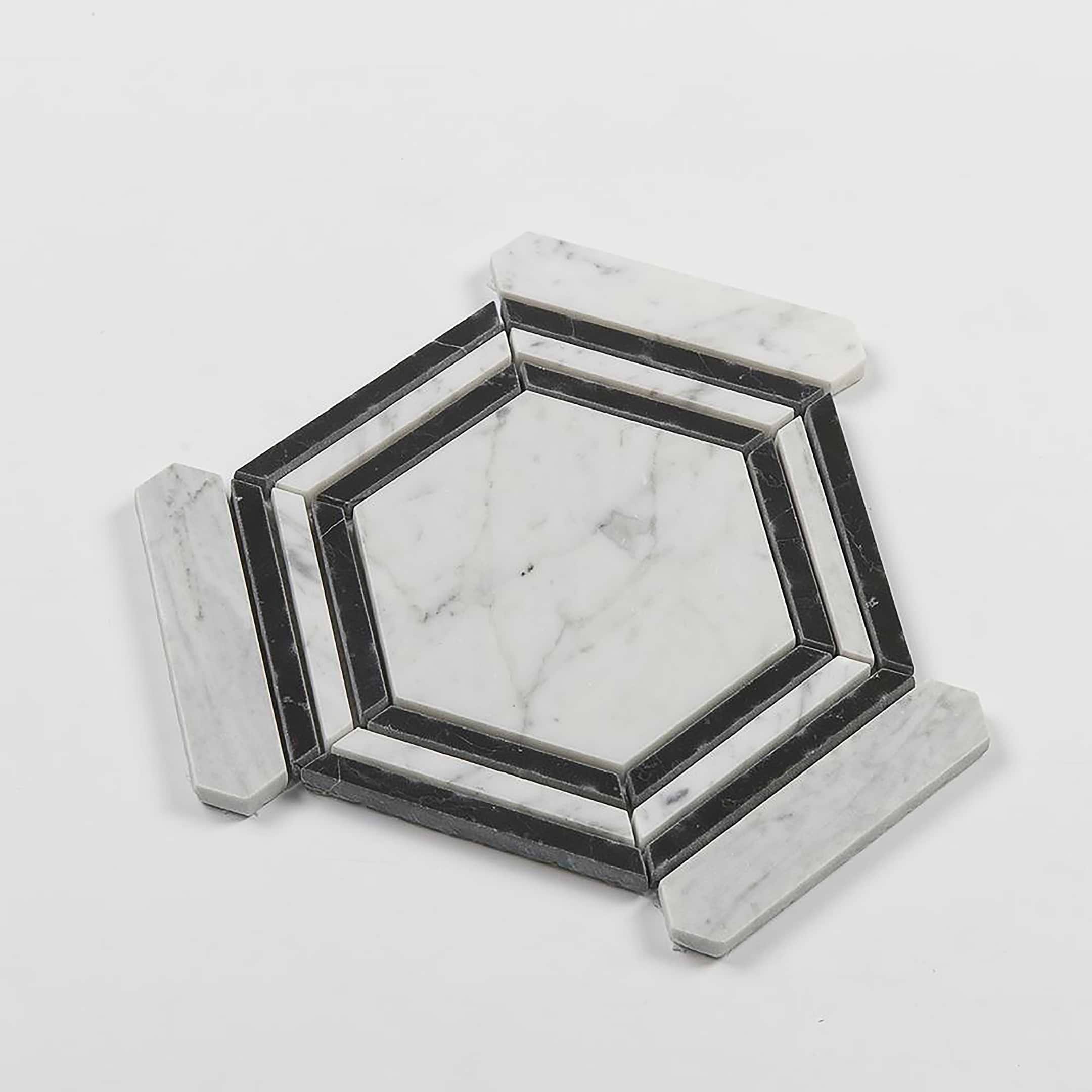 Carrara Mosaic with Negro Marquina Hexagon 5x5 Honed Marble - Image 3