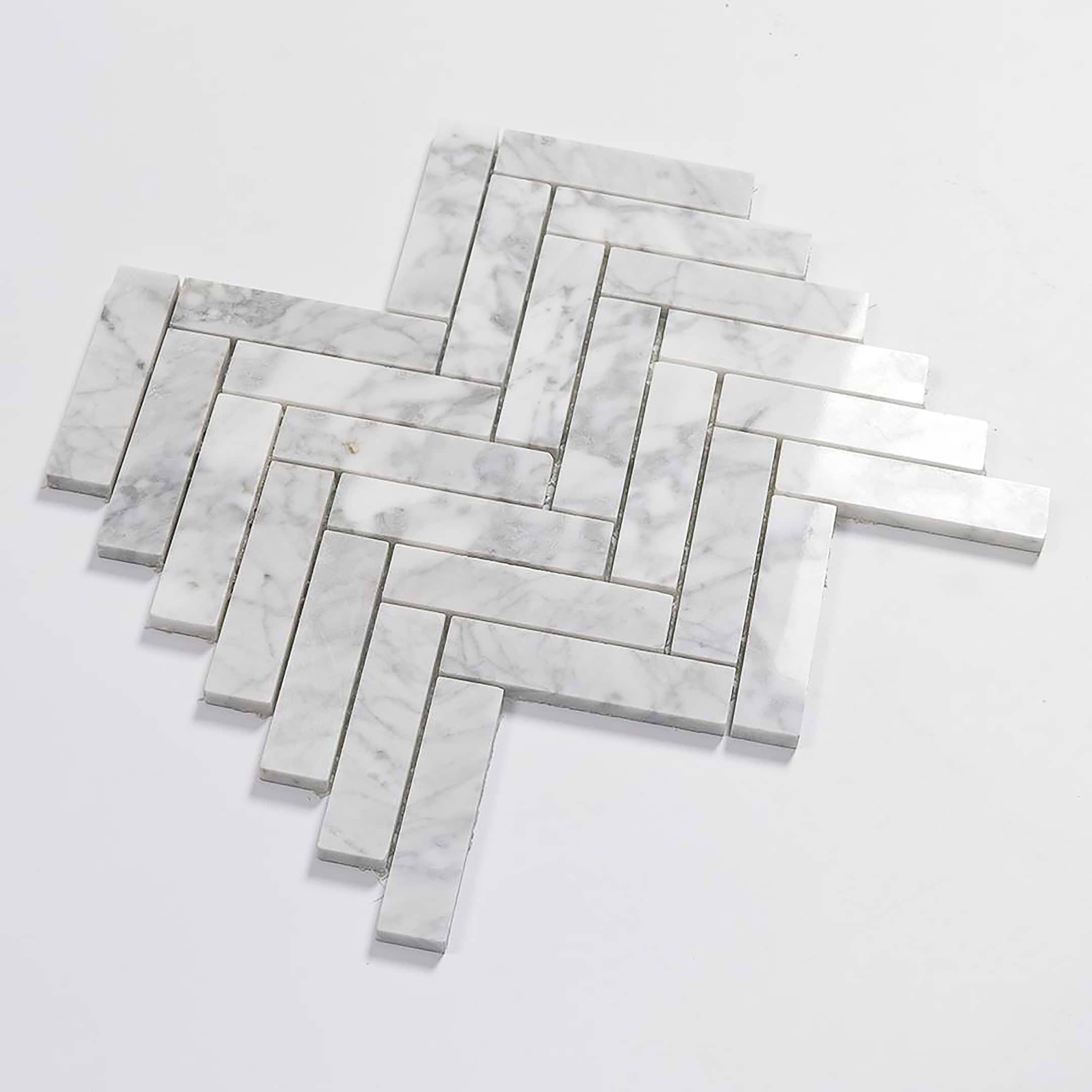 Carrara Mosaic Herringbone 1x4 Polished Marble - Image 4