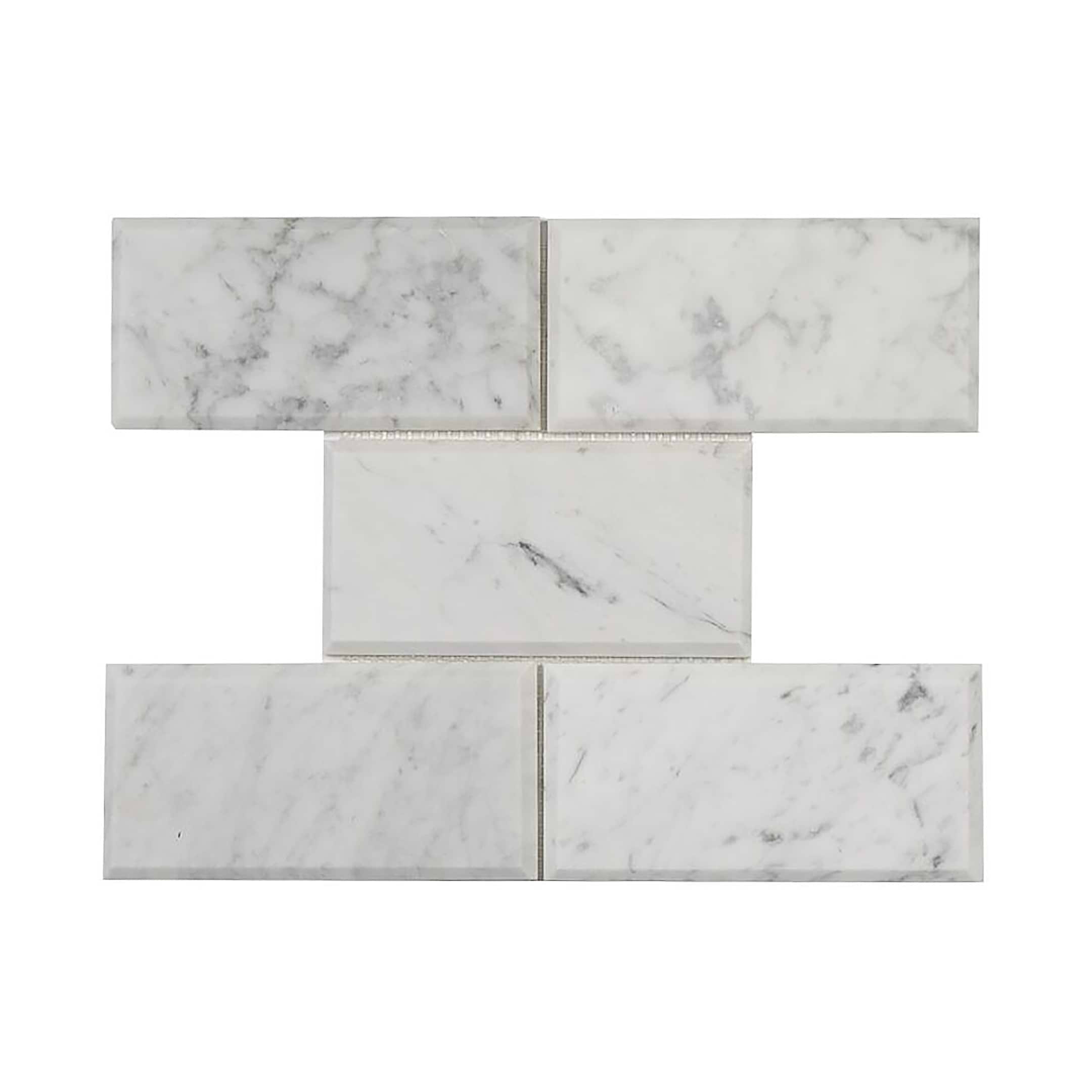 Carrara Tile Offset Beveled 3x6 Polished Marble