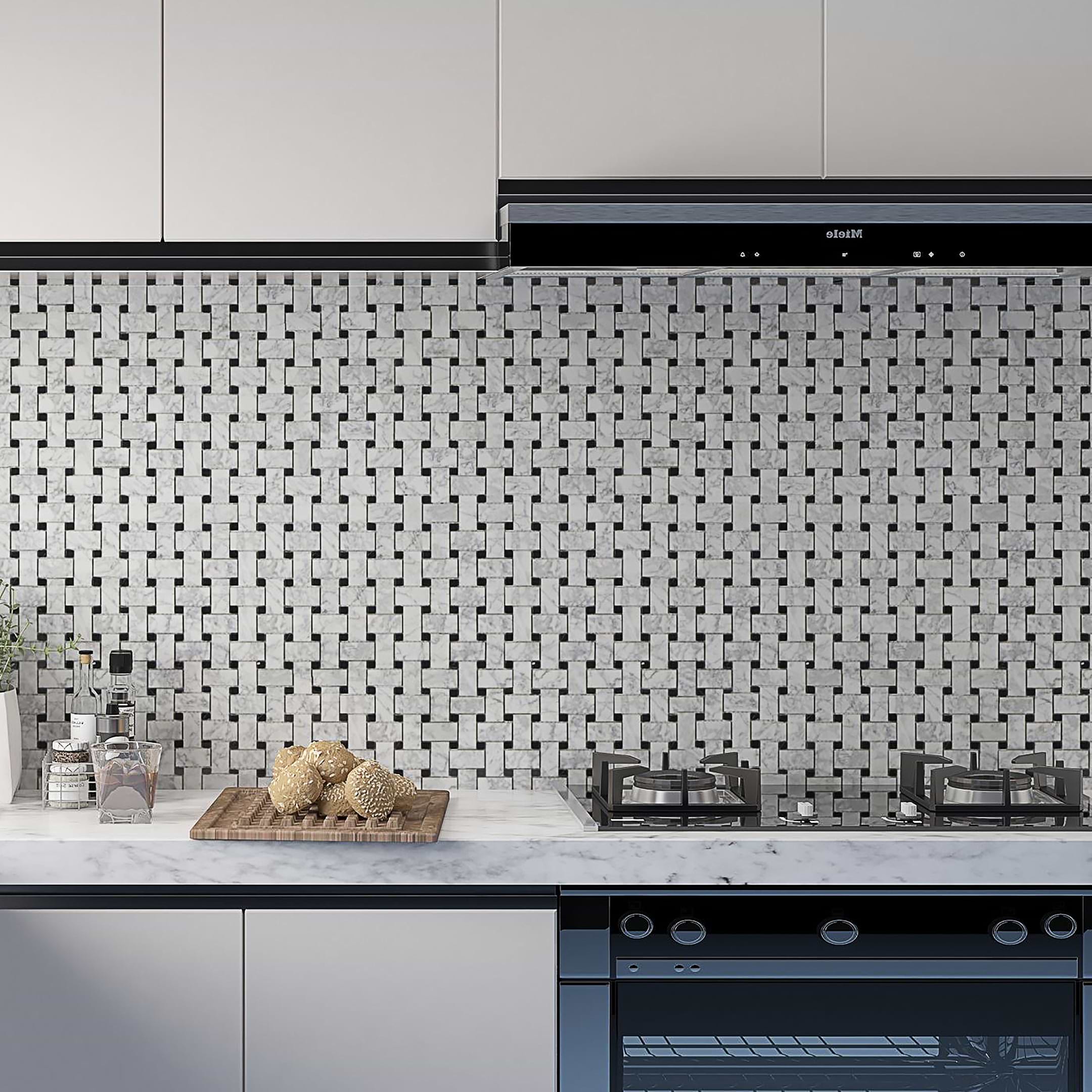 Carrara Mosaic with Negro Marquina Basketweave Polished Marble - Image 2