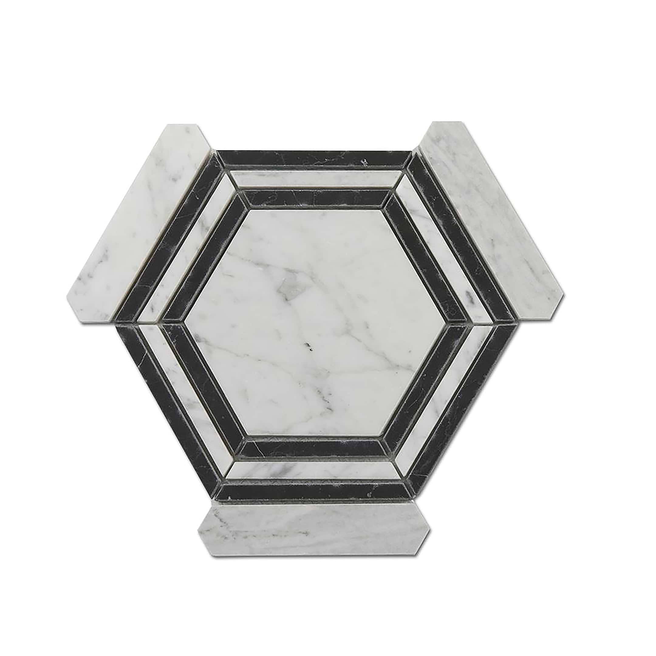 Carrara Mosaic with Negro Marquina Hexagon 5x5 Polished Marble