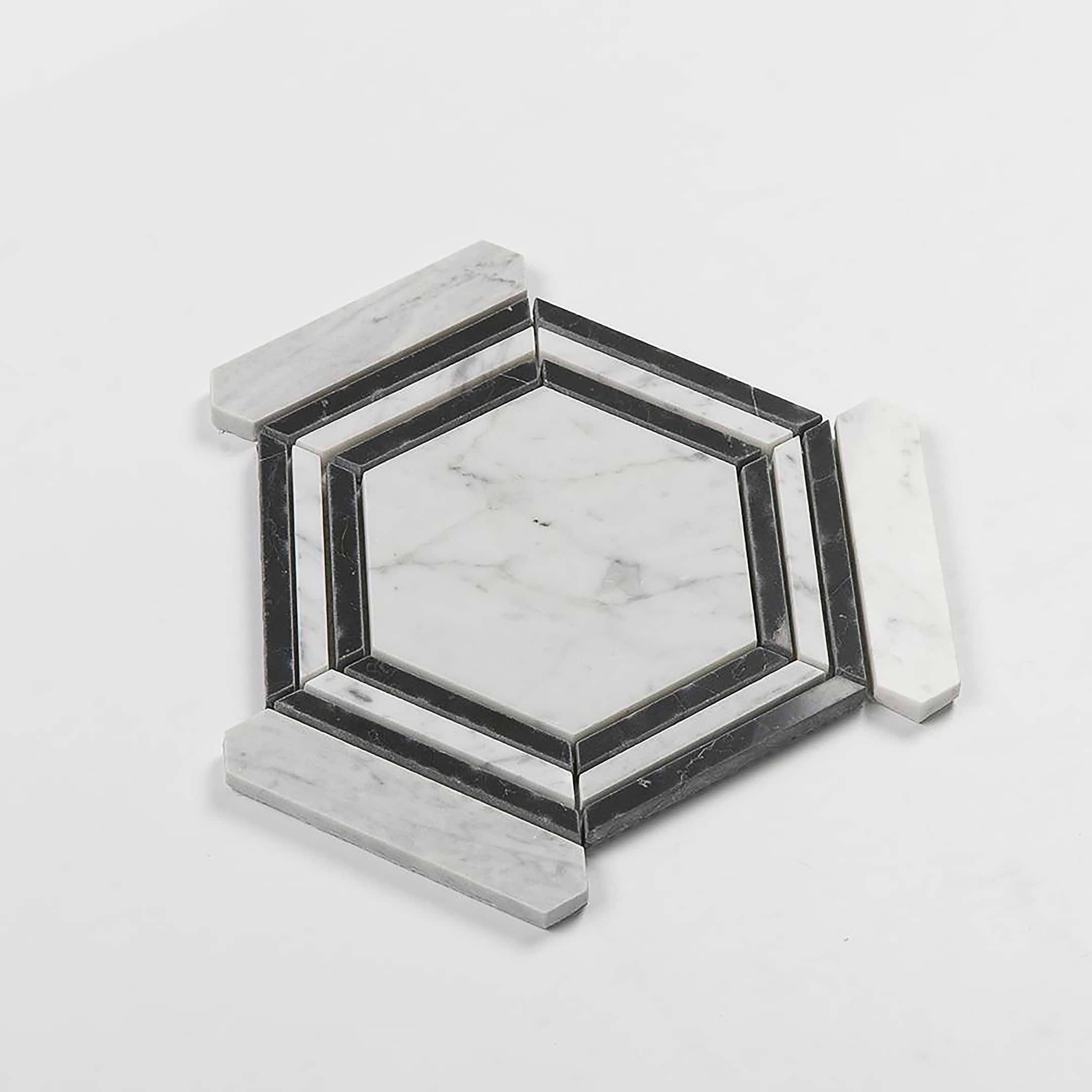 Carrara Mosaic with Negro Marquina Hexagon 5x5 Polished Marble - Image 7