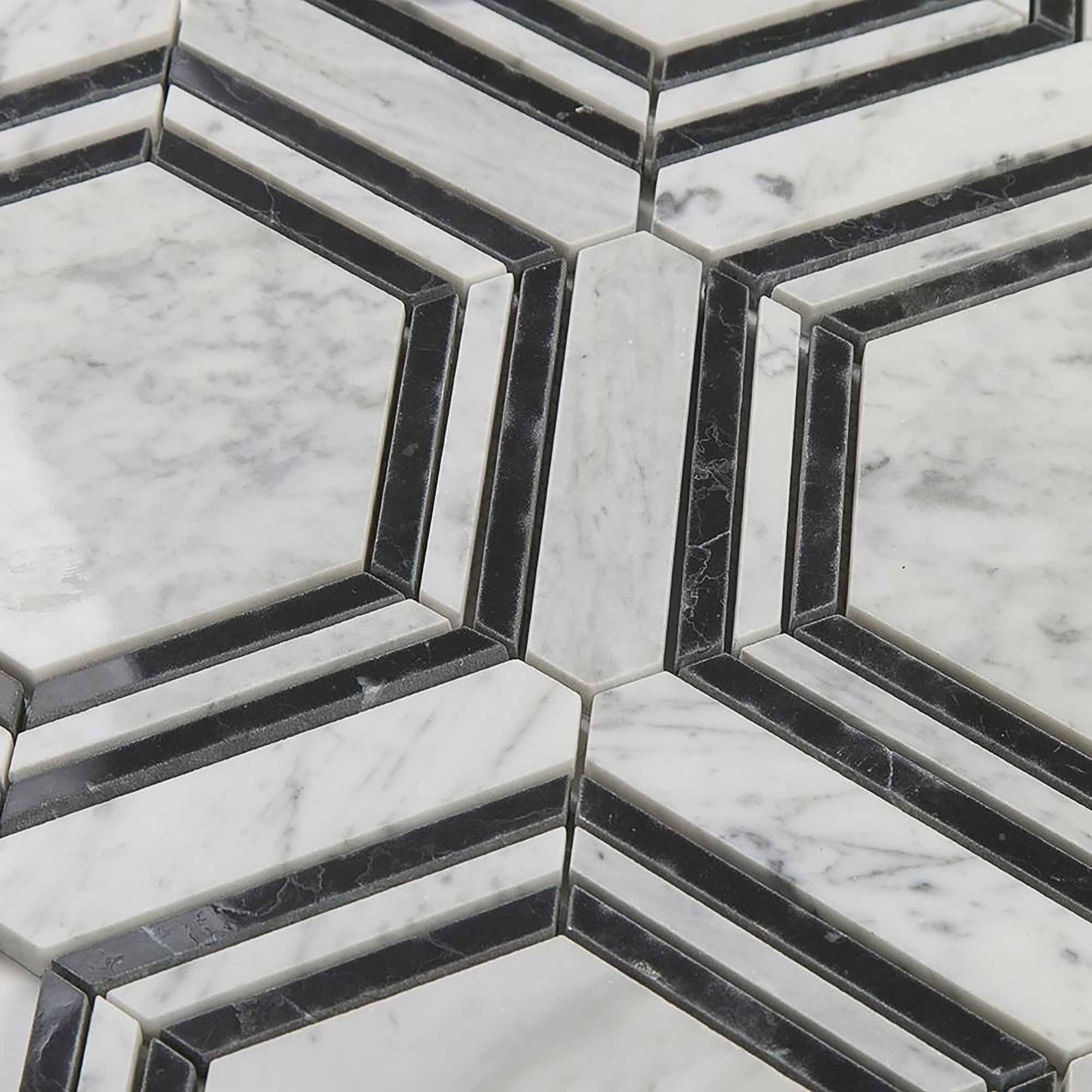 Carrara Mosaic with Negro Marquina Hexagon 5x5 Polished Marble - Image 6