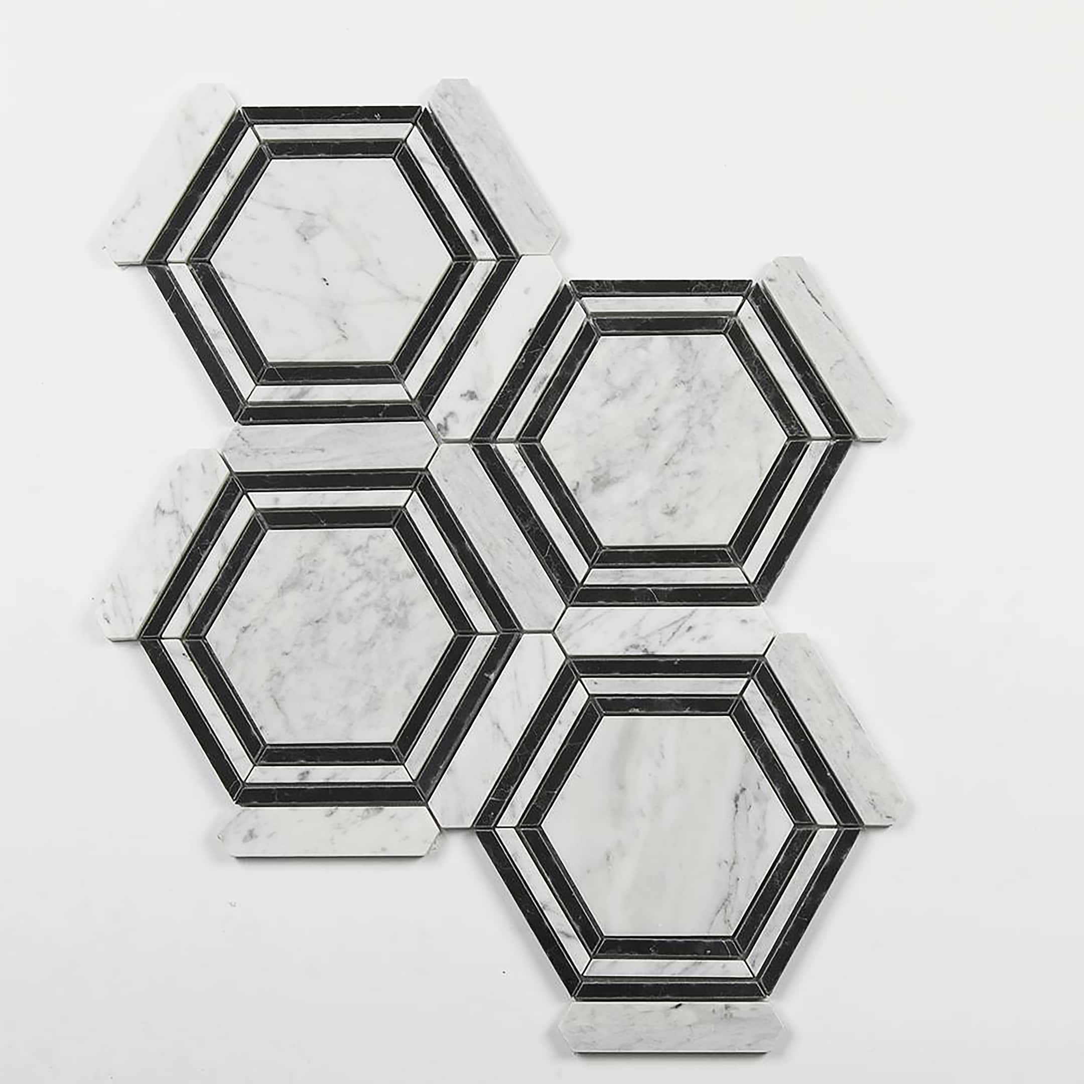 Carrara Mosaic with Negro Marquina Hexagon 5x5 Polished Marble - Image 3