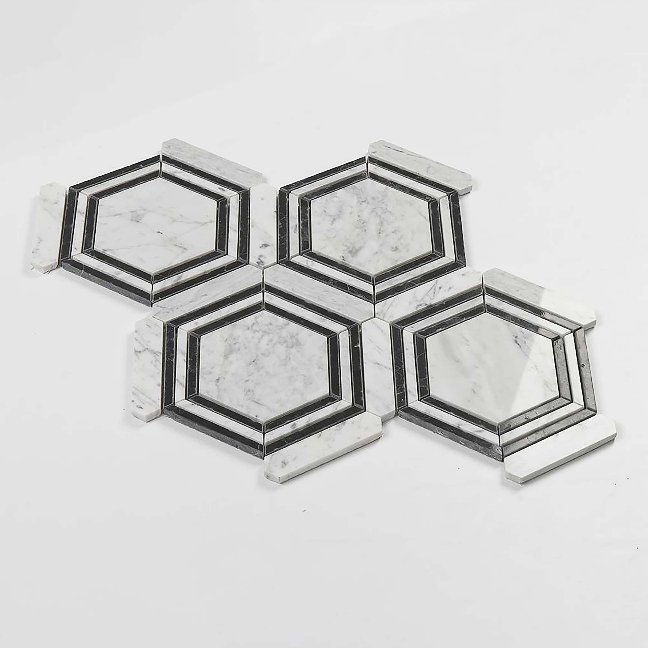 Carrara Mosaic with Negro Marquina Hexagon 5x5 Polished Marble - Image 2