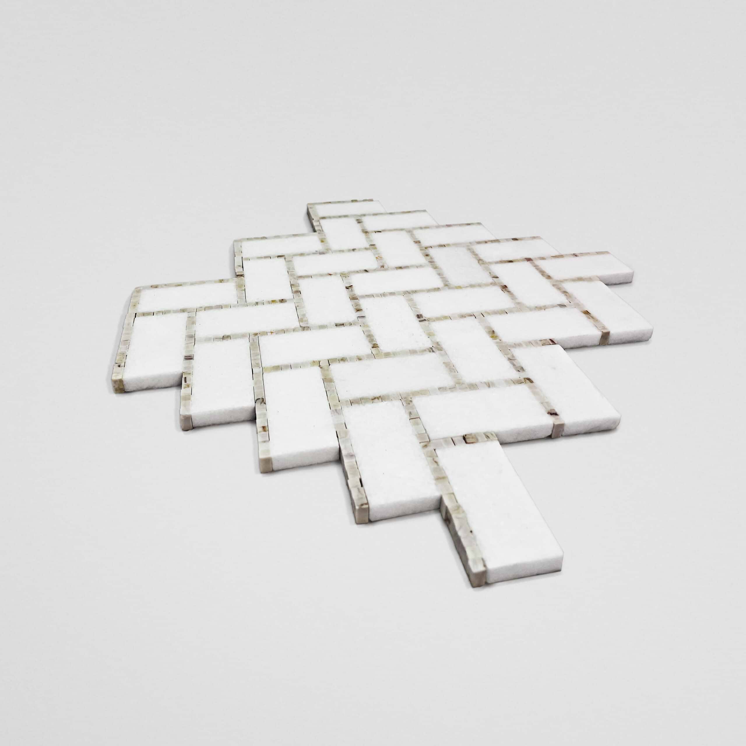 White Thassos & European Wood Herringbone Polished Mosaic - Image 2