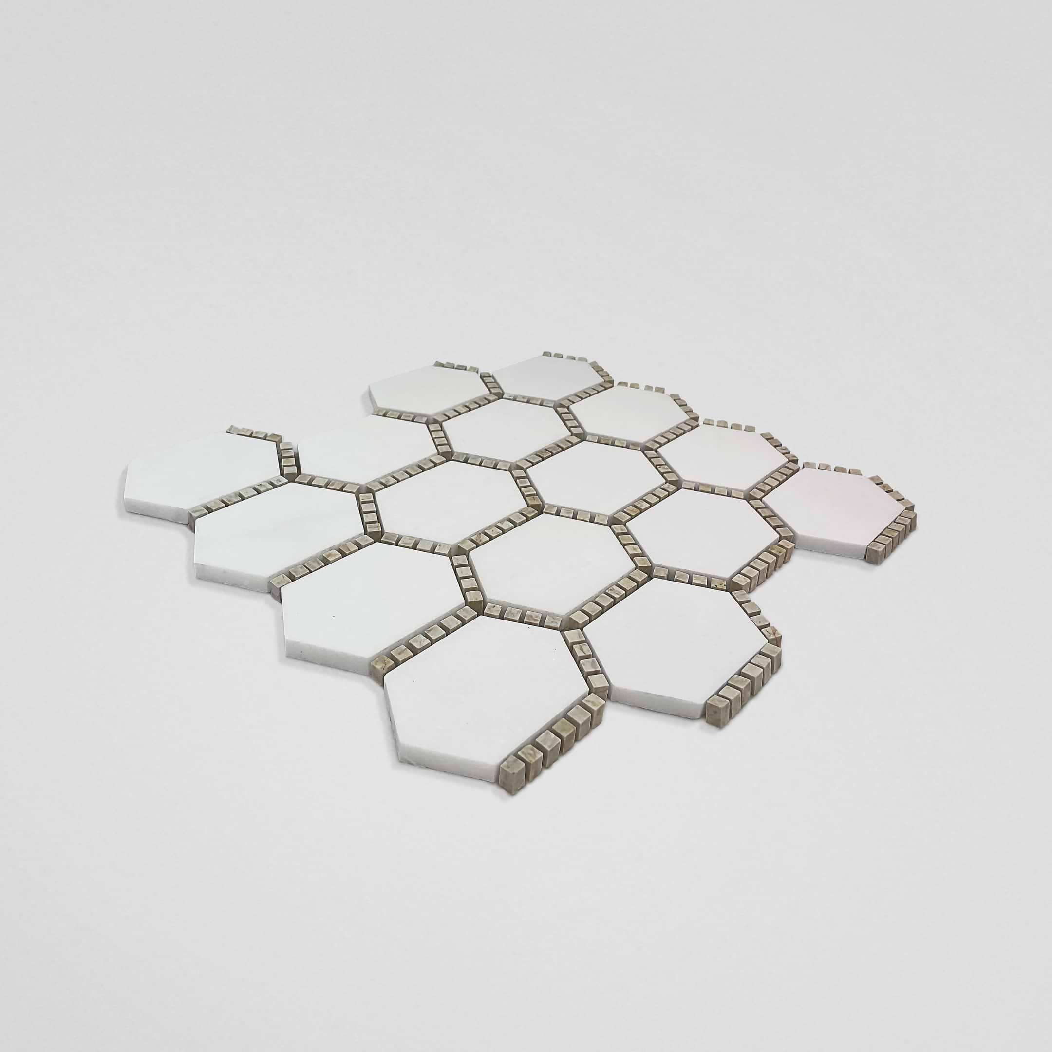 White Thassos & European Wood Hexagon Polished Mosaic - Image 2