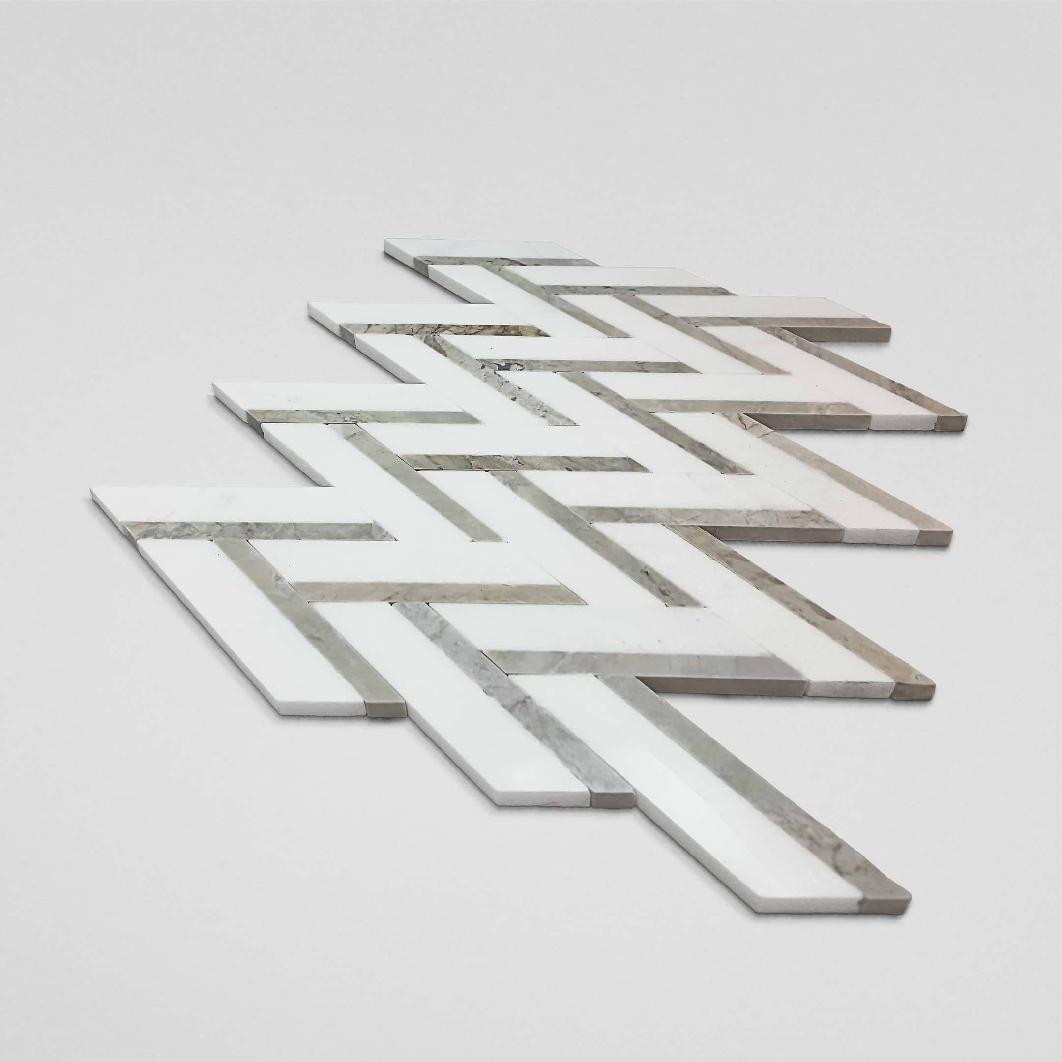 White Thassos & European Wood 1x4 Herringbone Polished Mosaic - Image 2
