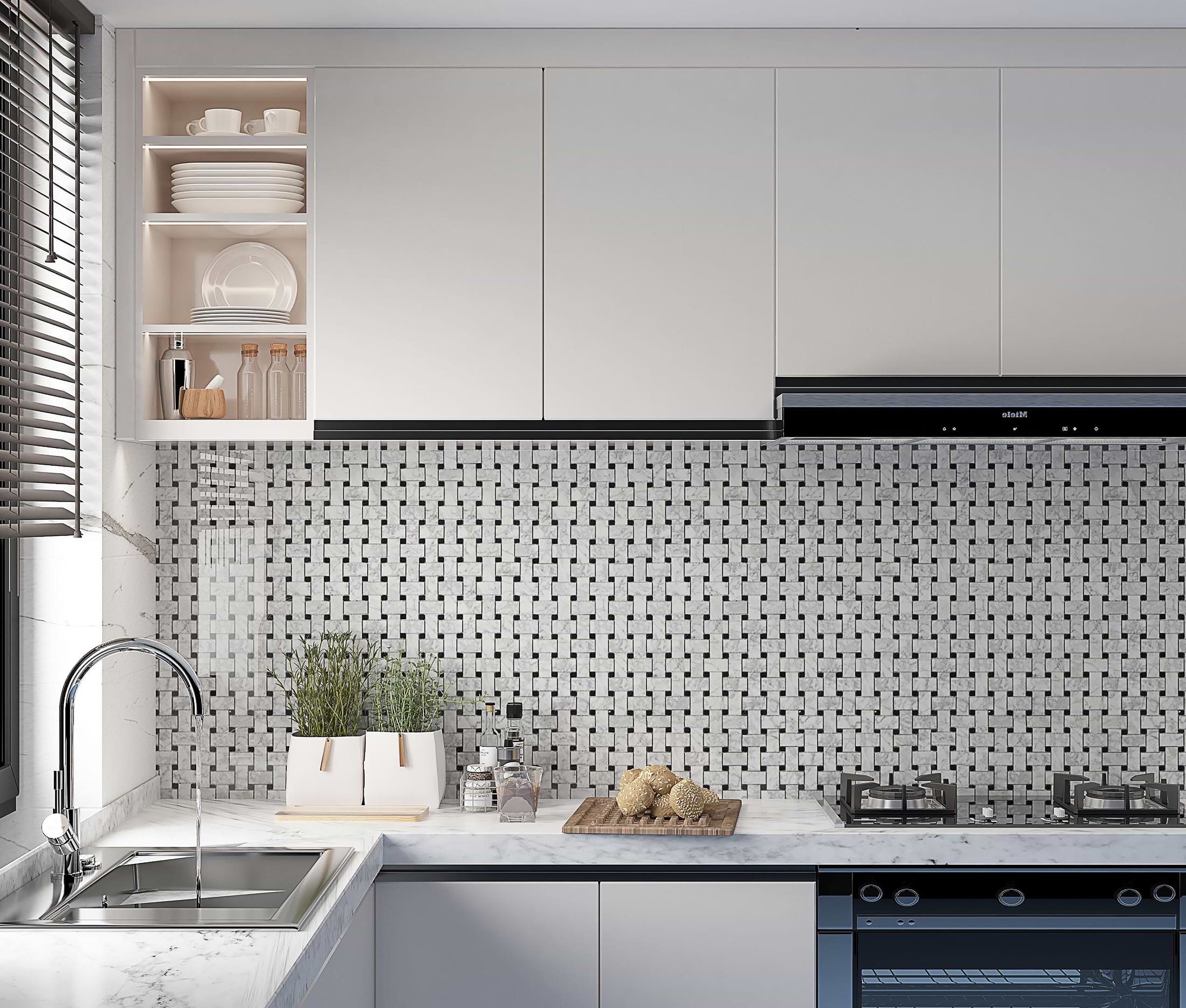 Carrara Mosaic with Negro Marquina Basketweave Honed Marble - Image 2