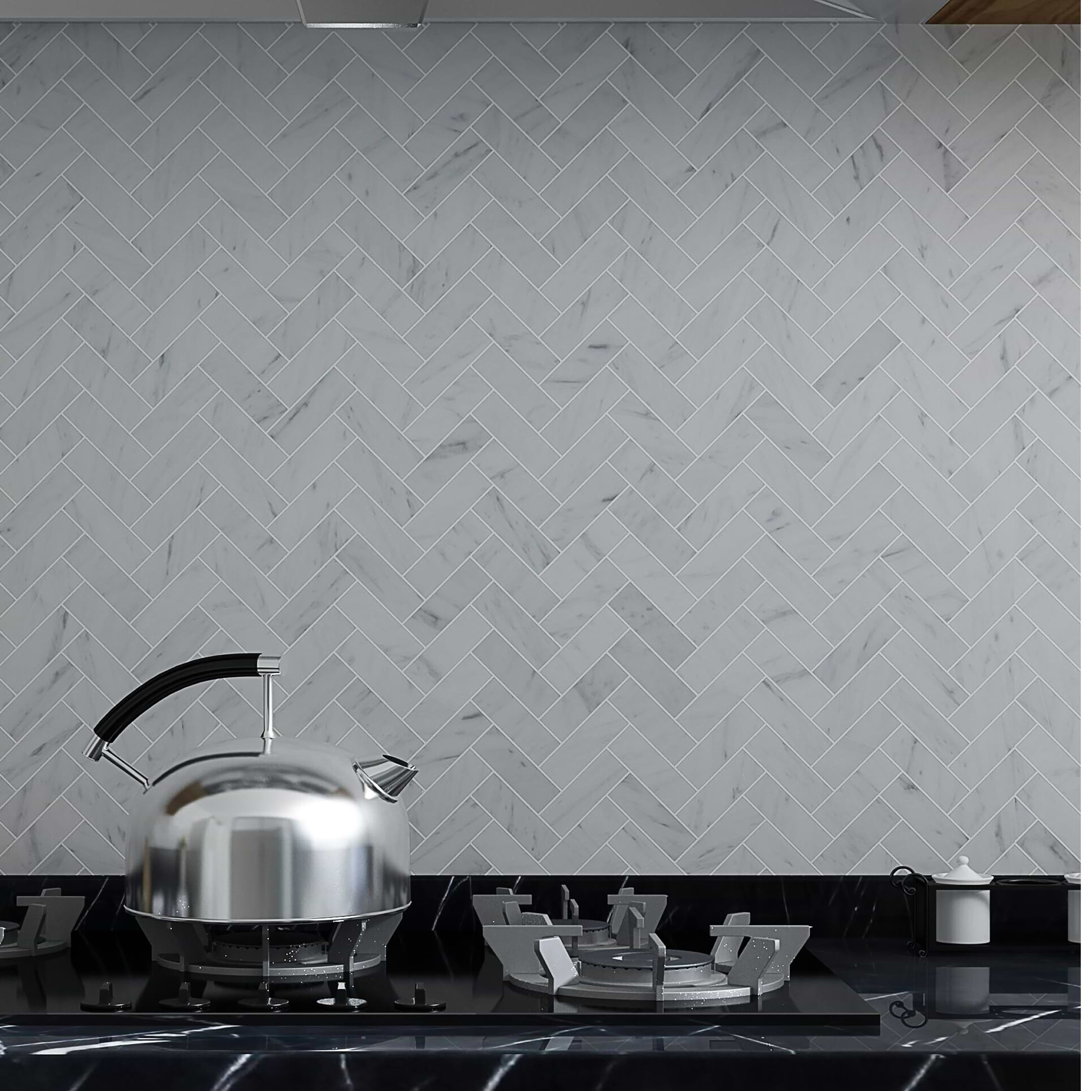 Carrara Mosaic Herringbone 1x4 Polished Marble - Image 2