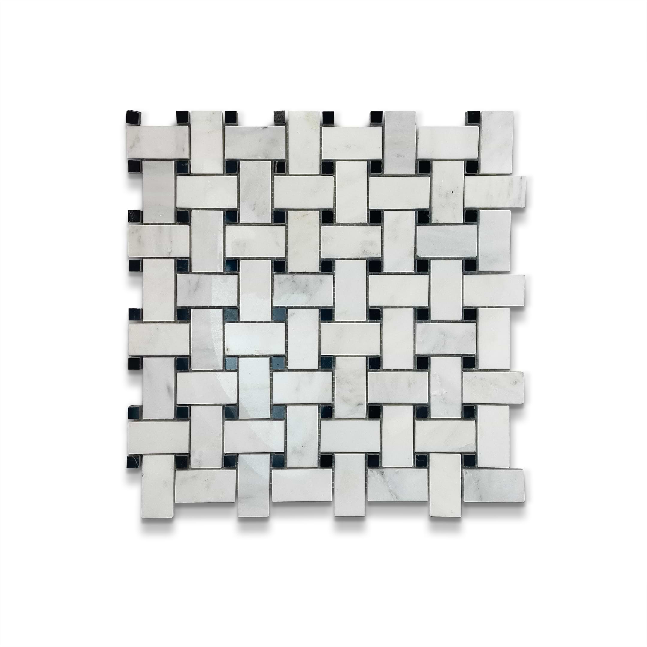 Arabescato with Black Dot Polished Basketweave Marble Mosaic