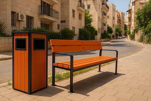 סט ריהוט חוץ מוסדי – ספסל דגם תום + פח אשפה/מאפרה דגם 9475