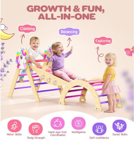 משולש פיקלר 11 ב-1 מעץ – מתקן טיפוס מונטסורי מתקפל לבית, לילדים 18 חודשים–7 שנים