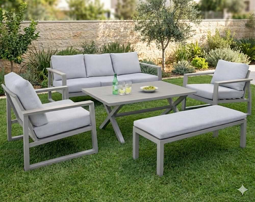 סט ריהוט גן תלת מושבי + ספסל דגם אלמו שמפניה
