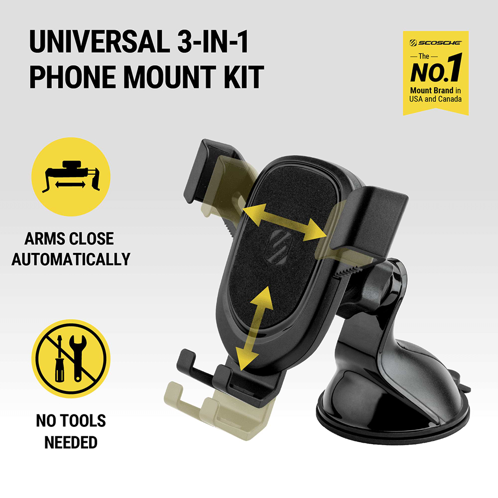 Universal 3 in 1 phone mount kit. Arms close automatically. No tools needed. Scosche is the No. 1 mount brand in USA and Canada.