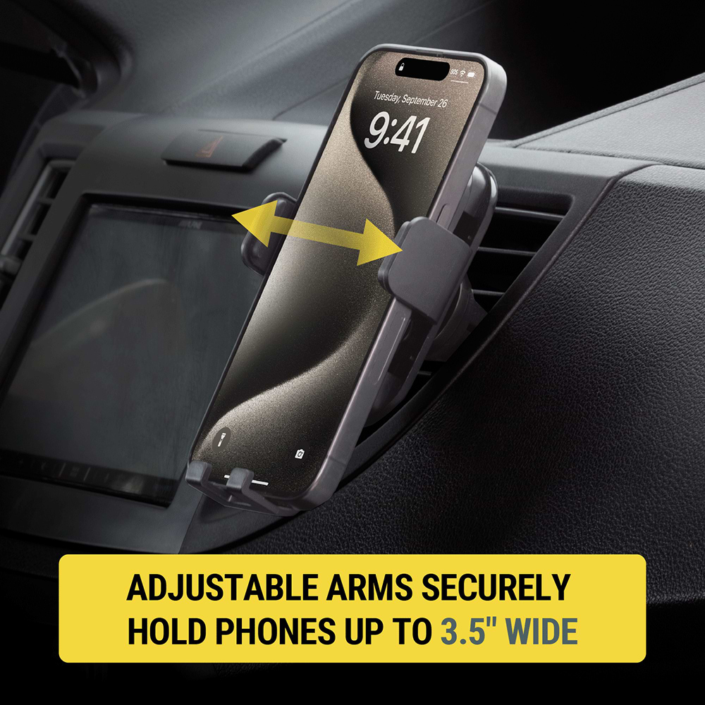Adjustable arms securely hold phones up to 3.5" wide