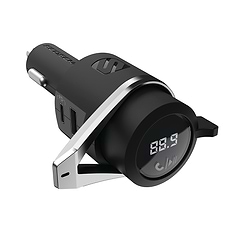 silver car charger fm transmitter bluetooth hands free smartphone with USBc and USB connectors with display in car